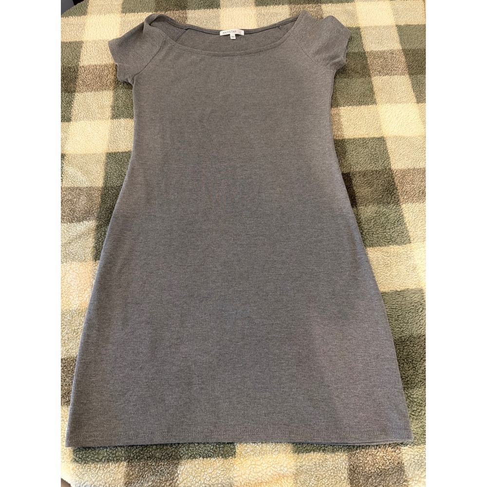 Antistar Womens Large Gray Ribbed Short Sleeve Scoop Neck Mini Bodycon Dress
